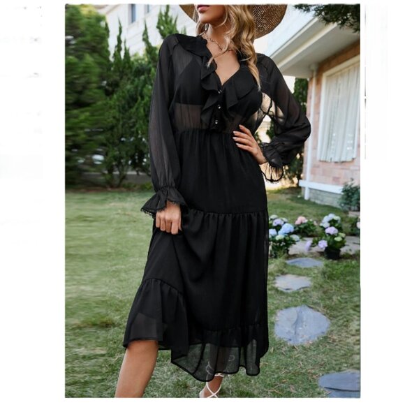 Zara | Chiffon Tiered, Ruffle collar V-neck Maxi Dress Black | SZ Small Women's - Picture 15 of 15